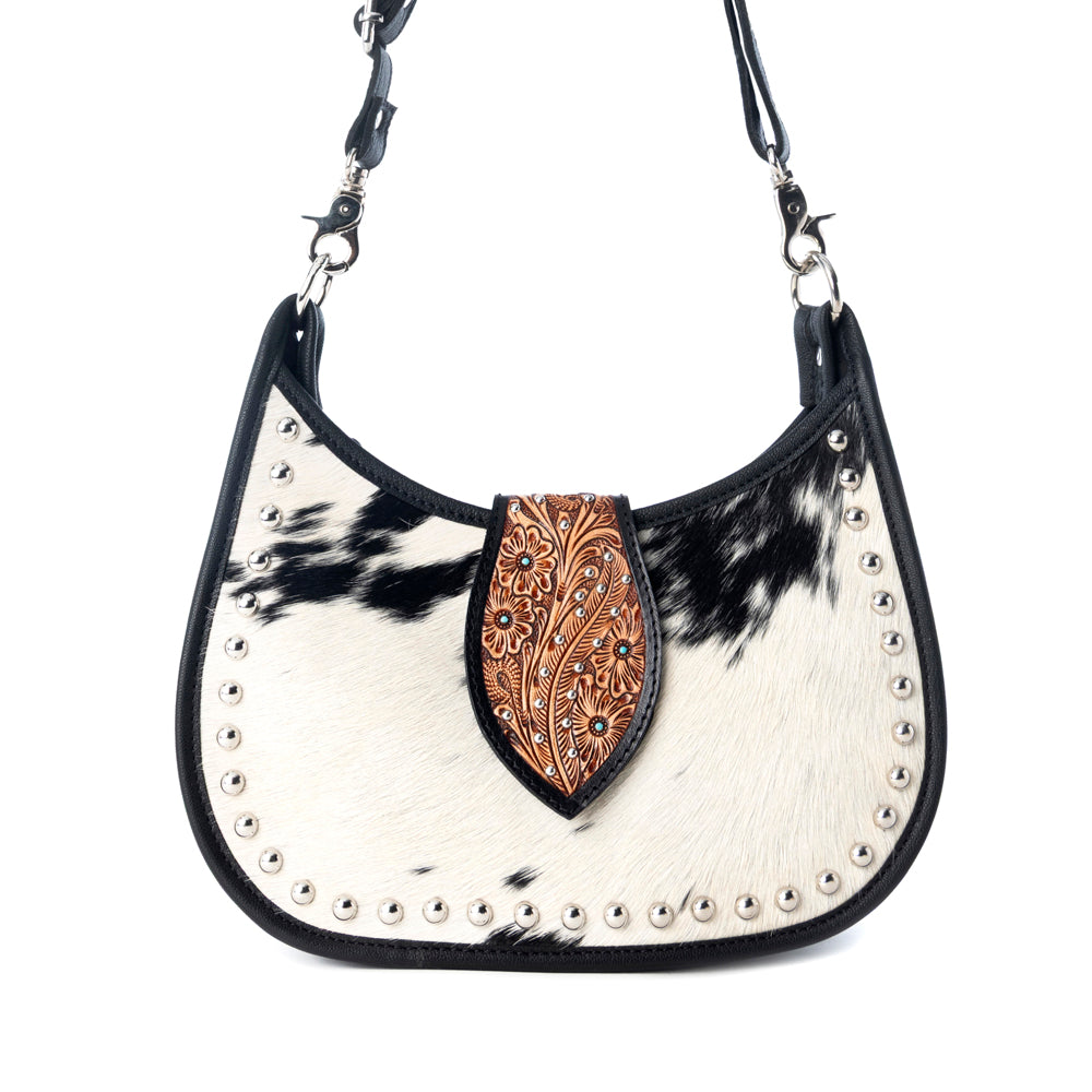 Myra Santa Fe Handtooled Bag for Women in Black with hairon and studded detail Myra USA