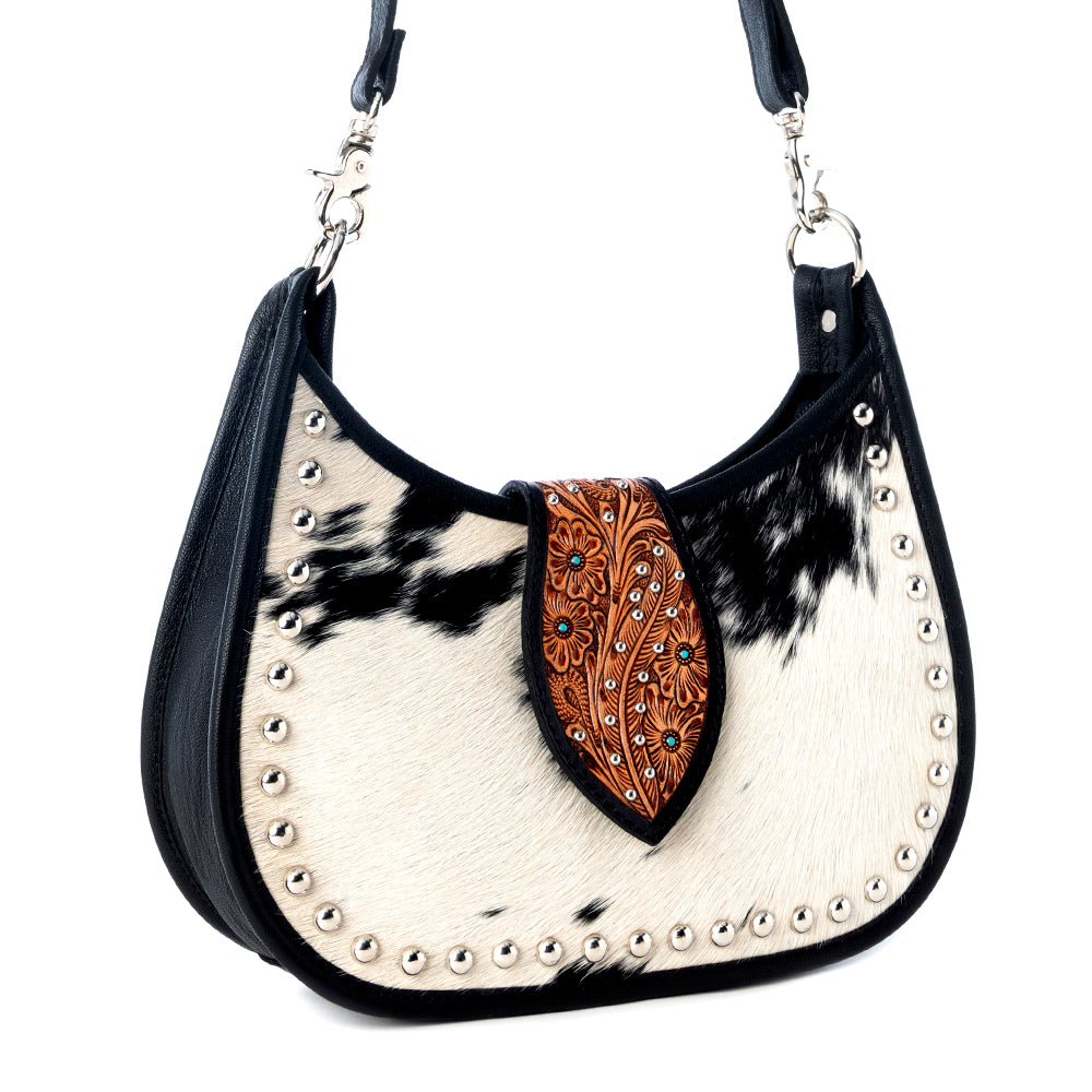 Myra Santa Fe Handtooled Bag for Women in Black with hairon and studded detail Myra USA