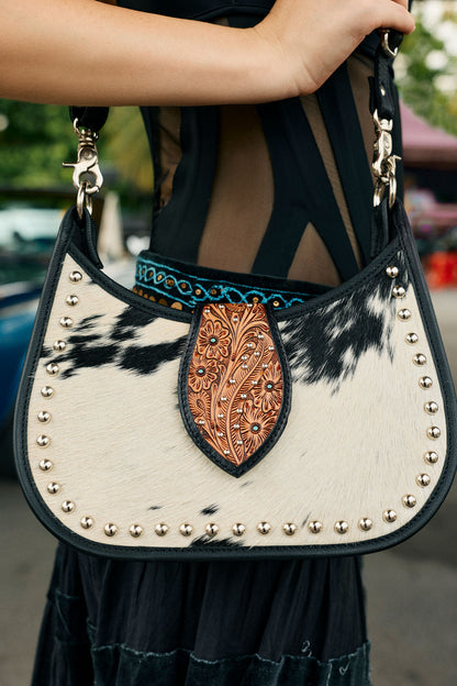 Myra Santa Fe Handtooled Bag for Women in Black with hairon and studded detail Myra USA