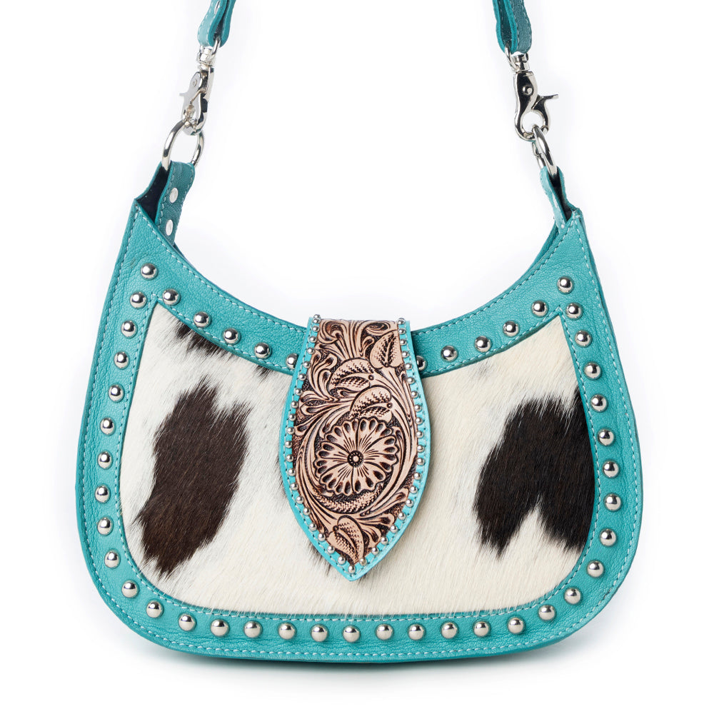 Myra Santa Fe Handtooled Bag for Women in Turquoise with hairon and studded detail Myra USA