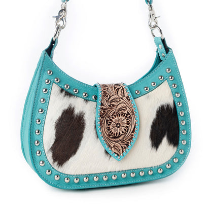Myra Santa Fe Handtooled Bag for Women in Turquoise with hairon and studded detail Myra USA