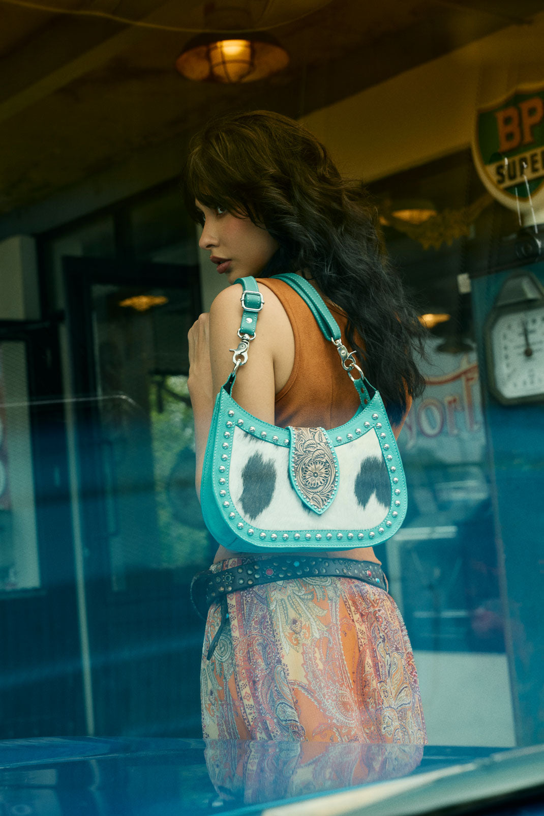Myra Santa Fe Handtooled Bag for Women in Turquoise with hairon and studded detail Myra USA