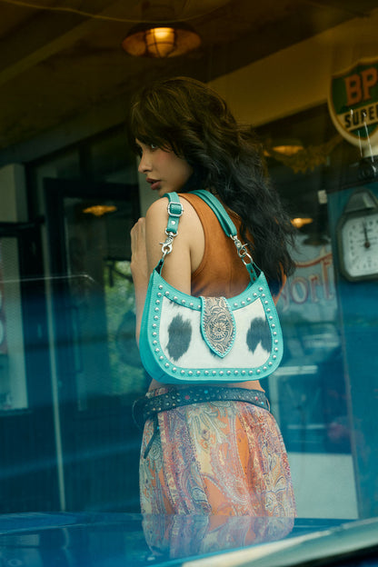 Myra Santa Fe Handtooled Bag for Women in Turquoise with hairon and studded detail Myra USA