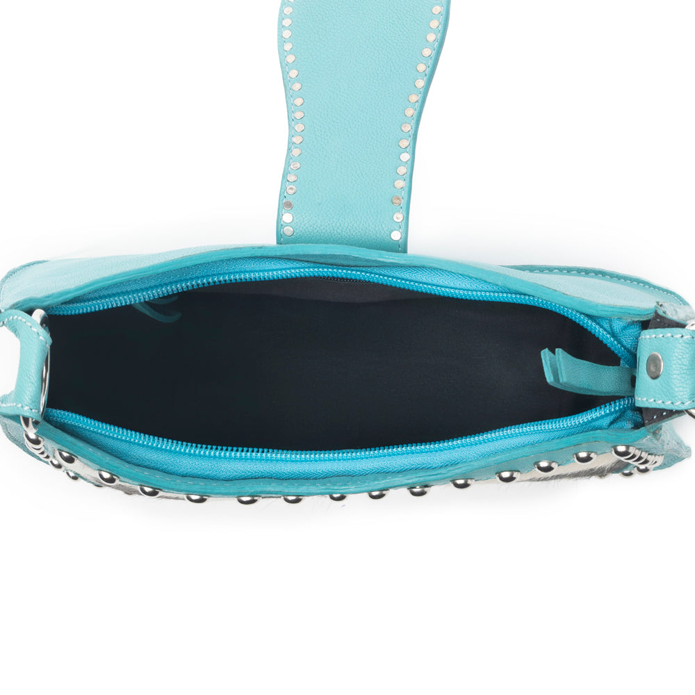 Myra Santa Fe Handtooled Bag for Women in Turquoise with hairon and studded detail Myra USA