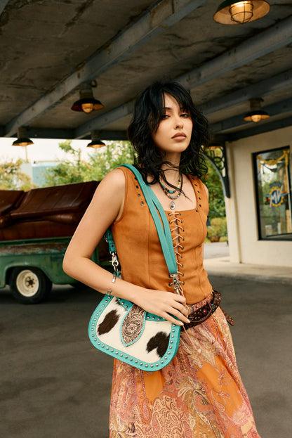 Myra Santa Fe Handtooled Bag for Women in Turquoise with hairon and studded detail Myra USA