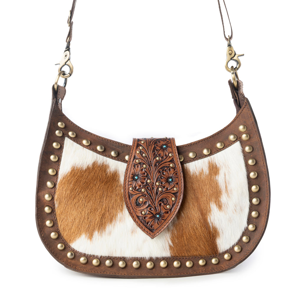 Myra Santa Fe Handtooled Bag for Women in Brown with hairon and studded detail Myra USA