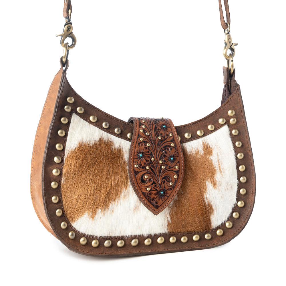 Myra Santa Fe Handtooled Bag for Women in Brown with hairon and studded detail Myra USA