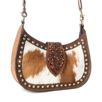 Myra Santa Fe Handtooled Bag for Women in Brown with hairon and studded detail Myra USA