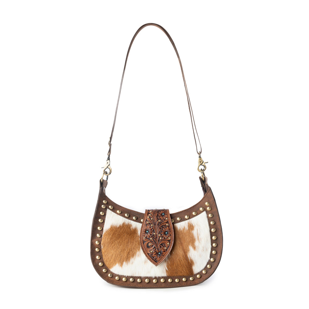 Myra Santa Fe Handtooled Bag for Women in Brown with hairon and studded detail Myra USA