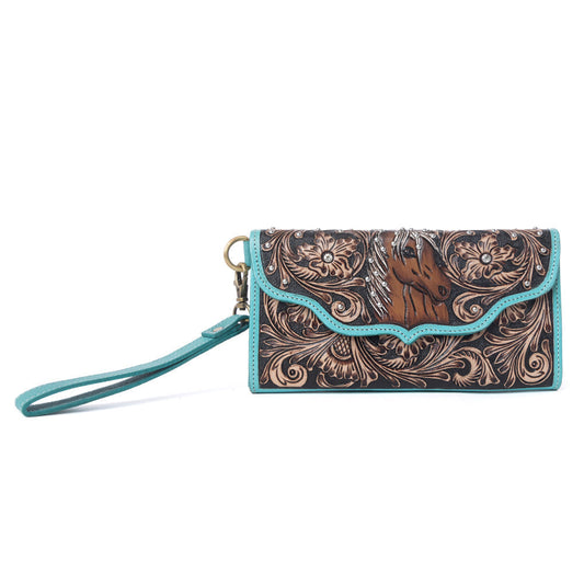 Myra Sunfire Valley Handtooled Hairon Leather Women’s Wallet in Turquoise Pearl Myra USA
