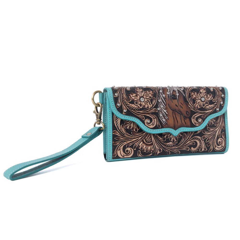 Myra Sunfire Valley Handtooled Hairon Leather Women’s Wallet in Turquoise Pearl Myra USA