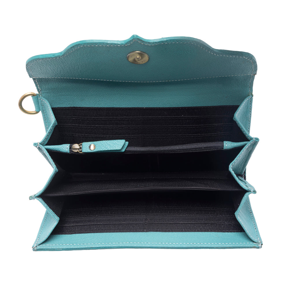 Myra Sunfire Valley Handtooled Hairon Leather Women’s Wallet in Turquoise Pearl Myra USA
