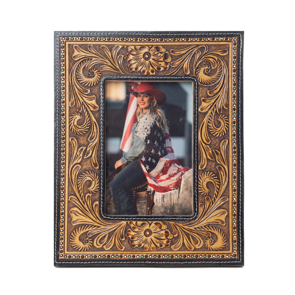 Myra Bordertown Handtooled Leather Photo Frame in brown, premium western home décor Myra USA