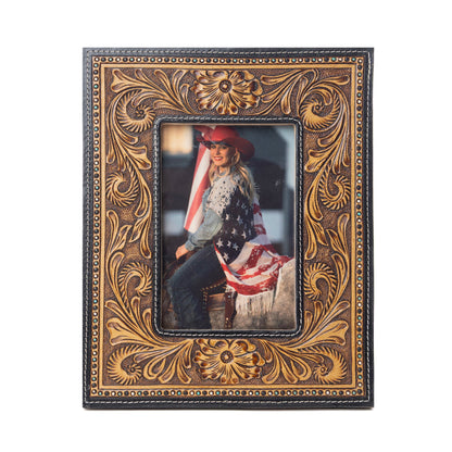 Myra Bordertown Handtooled Leather Photo Frame in brown, premium western home décor Myra USA
