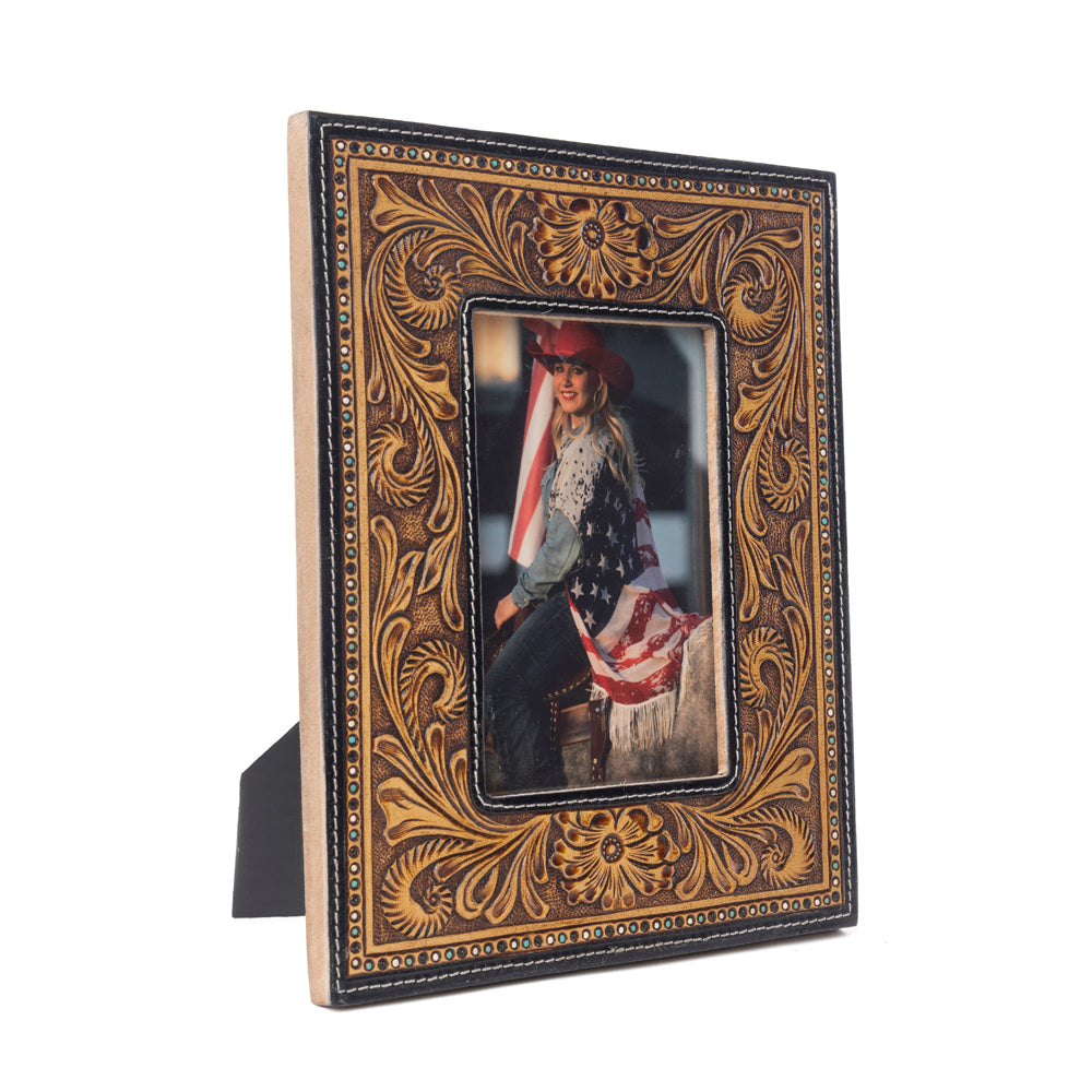 Myra Bordertown Handtooled Leather Photo Frame in brown, premium western home décor Myra USA
