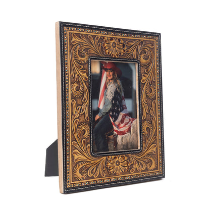 Myra Bordertown Handtooled Leather Photo Frame in brown, premium western home décor Myra USA