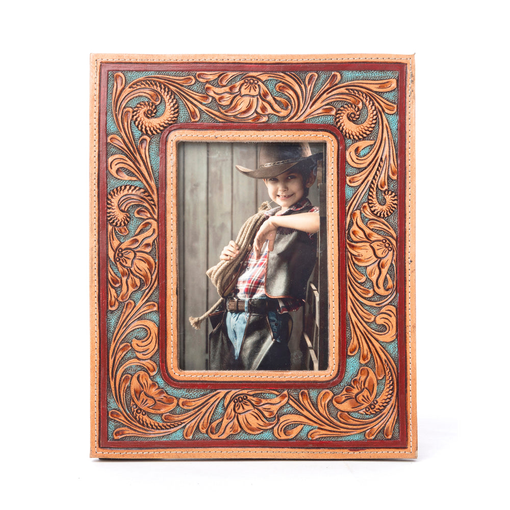 Myra Magnolia Rise Handtooled Leather Photo Frame in Deep Mahogany Myra USA