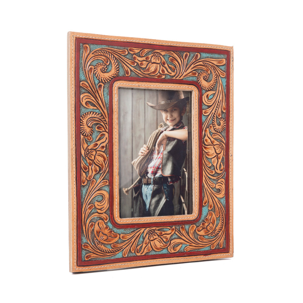 Myra Magnolia Rise Handtooled Leather Photo Frame in Deep Mahogany Myra USA