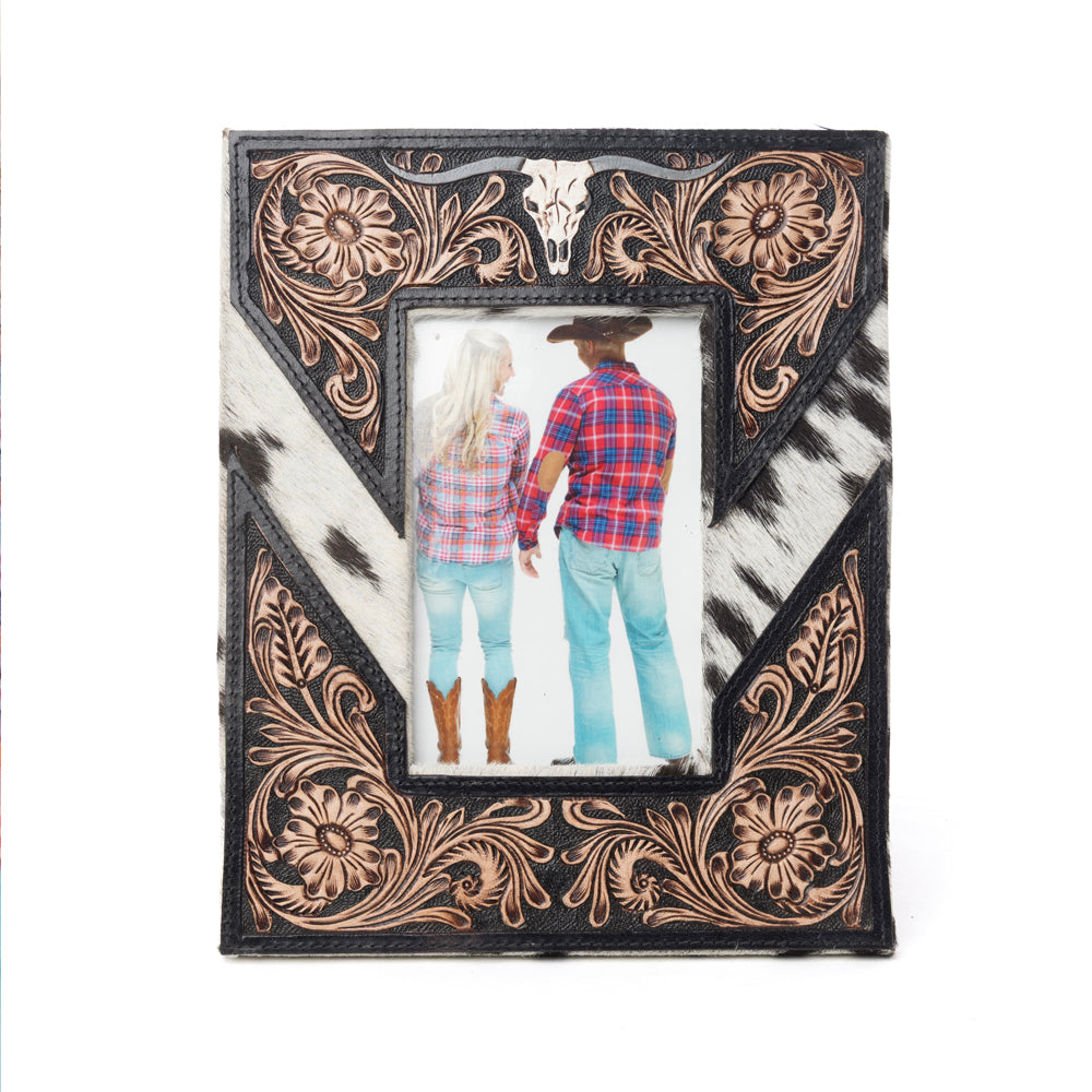 Myra Saddlewood Handtooled Leather Photo Frame in brown with hairon detail, western home décor Myra USA