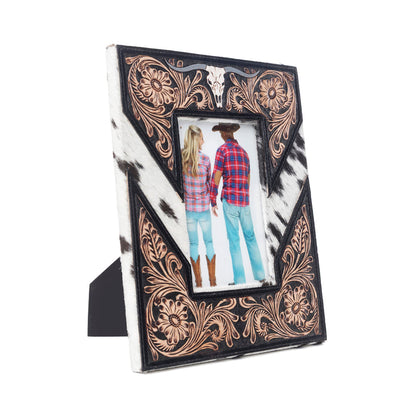 Myra Saddlewood Handtooled Leather Photo Frame in brown with hairon detail, western home décor Myra USA