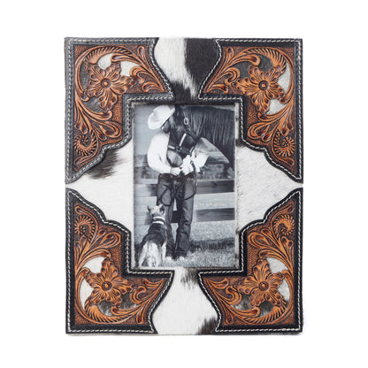 Myra Cornerstone Handtooled Leather Photo Frame in brown with hairon detail, western home décor Myra USA