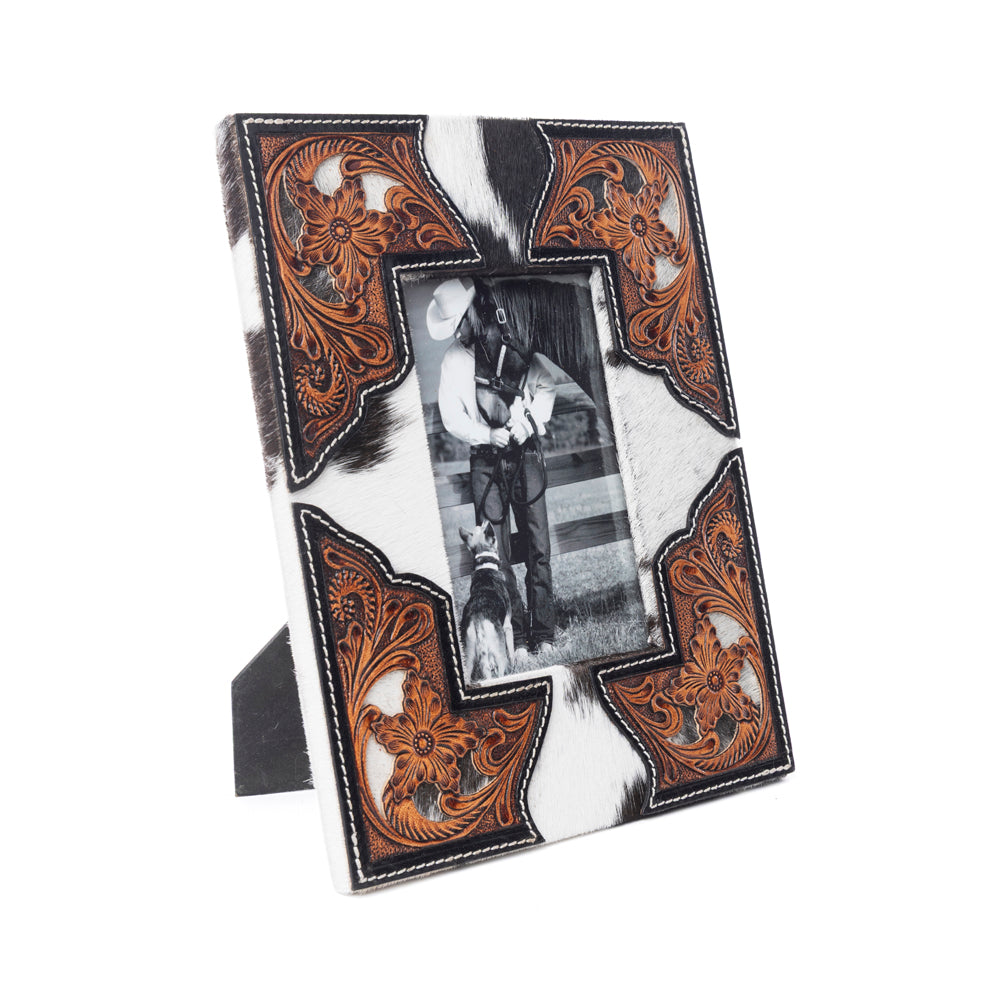 Myra Cornerstone Handtooled Leather Photo Frame in brown with hairon detail, western home décor Myra USA