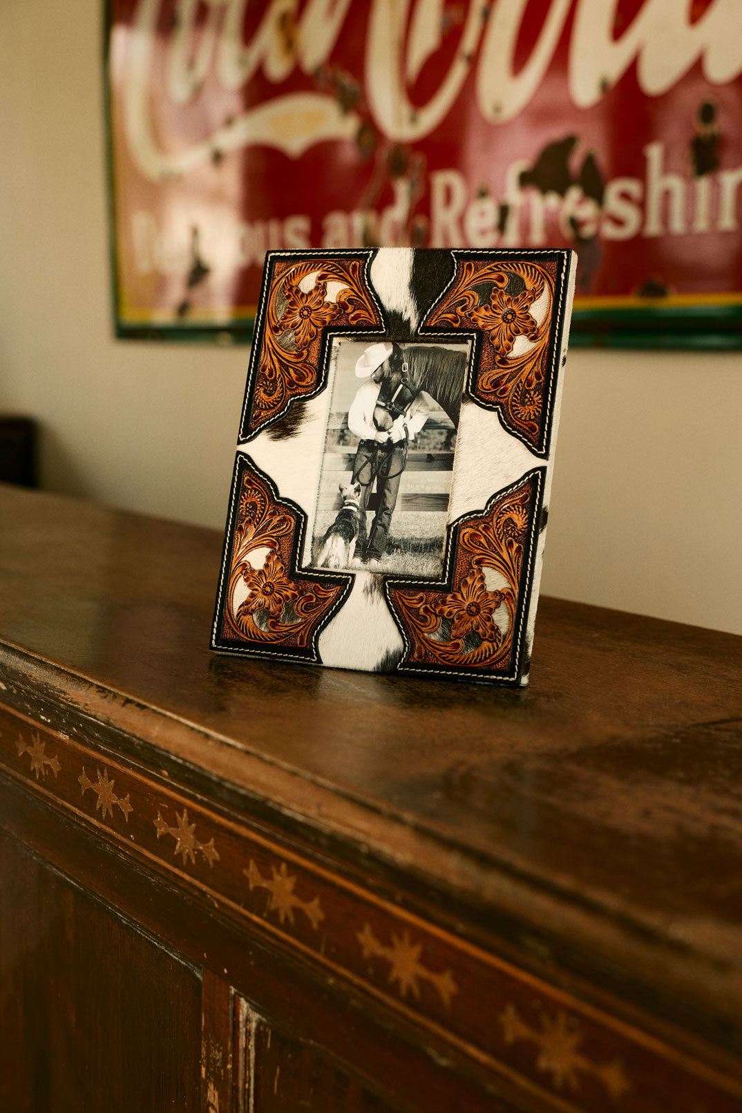 Myra Cornerstone Handtooled Leather Photo Frame in brown with hairon detail, western home décor Myra USA