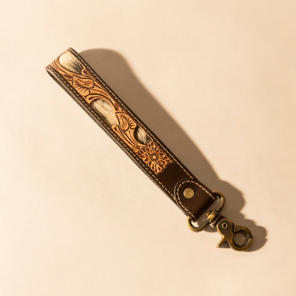 Myra Wildvine Pony Western Handtooled Key Fob in dark brown with hairon detail Myra USA