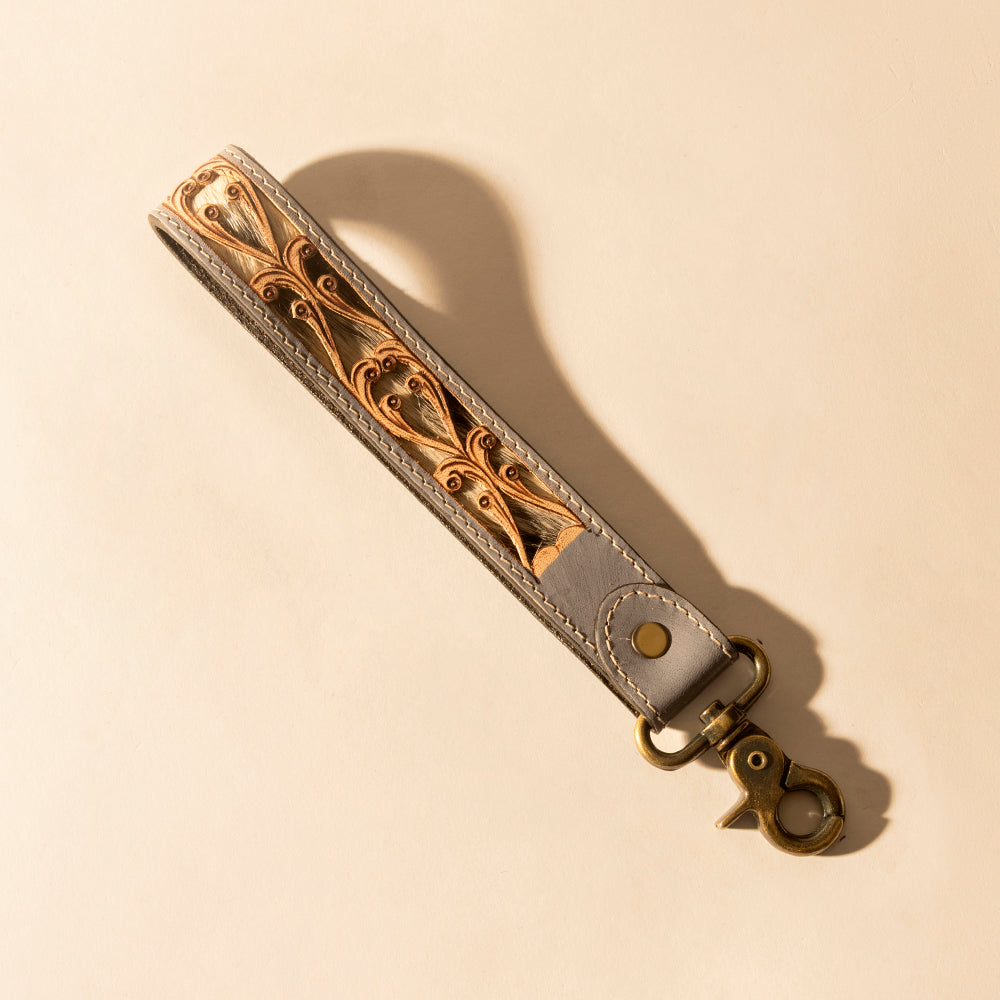 Myra Wildvine Pony Western Handtooled Key Fob in dusk blue with hairon detail Myra USA