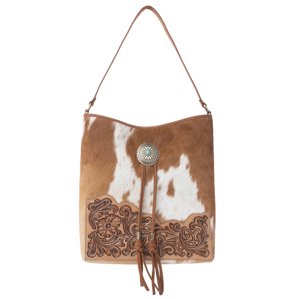 Myra Yellowstone Tawny Ridge Handtooled Hairon Concealed Carry Bag in Ivory Mocha Myra USA