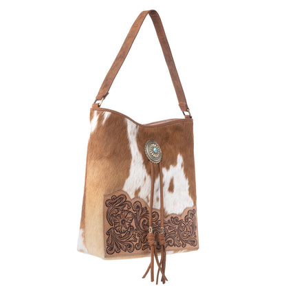 Myra Yellowstone Tawny Ridge Handtooled Hairon Concealed Carry Bag in Ivory Mocha Myra USA
