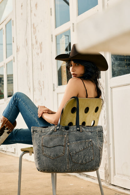 Myra Billyjean Western denim Tote Bag for Women in denim black with leather detail Myra USA