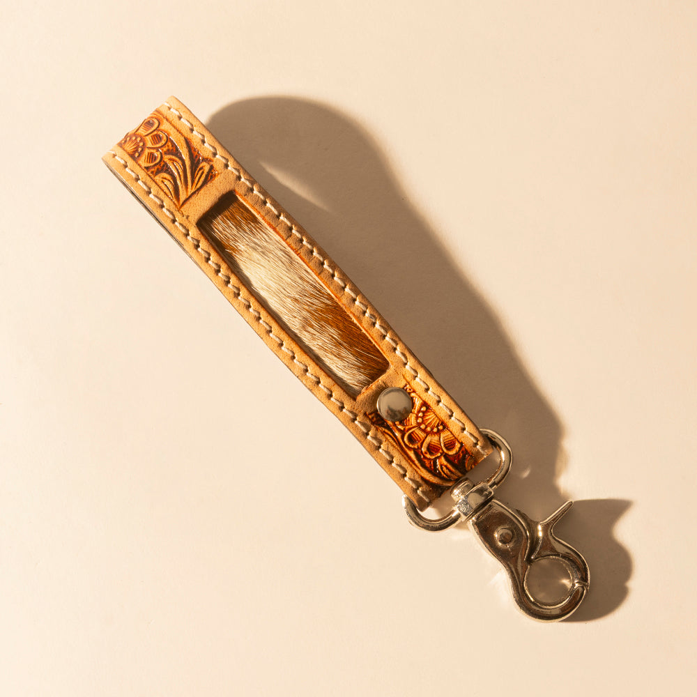 Myra Hide Inlay Western Key Fob in creme with floral detail Myra USA