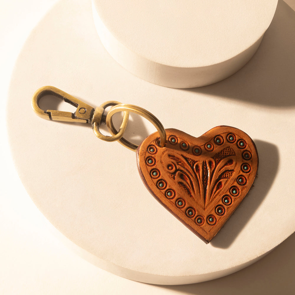 Myra Studded Heart Western Key Fob in brown with handtooled detail Myra USA