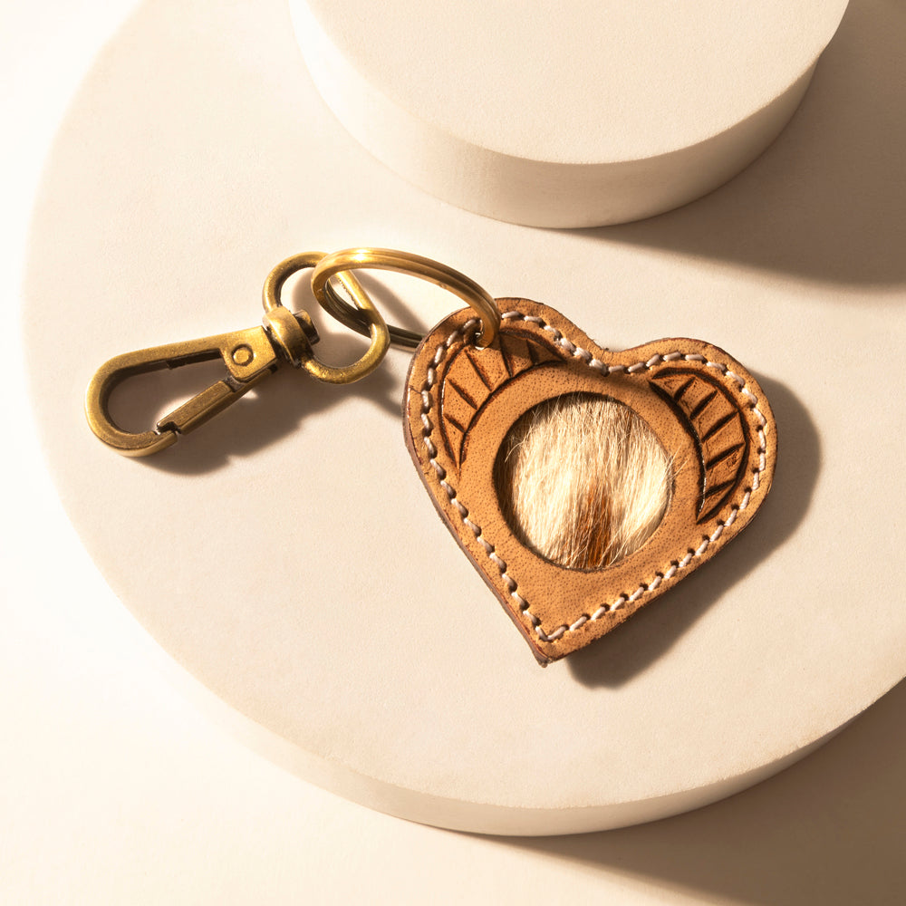 Myra Moonhide Heart Western Key Fob in light brown with hairon detail Myra USA