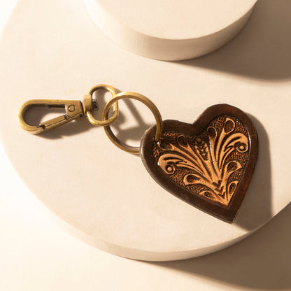 Myra Carved Heart Western Key Fob in dark brown with handtooled detail Myra USA