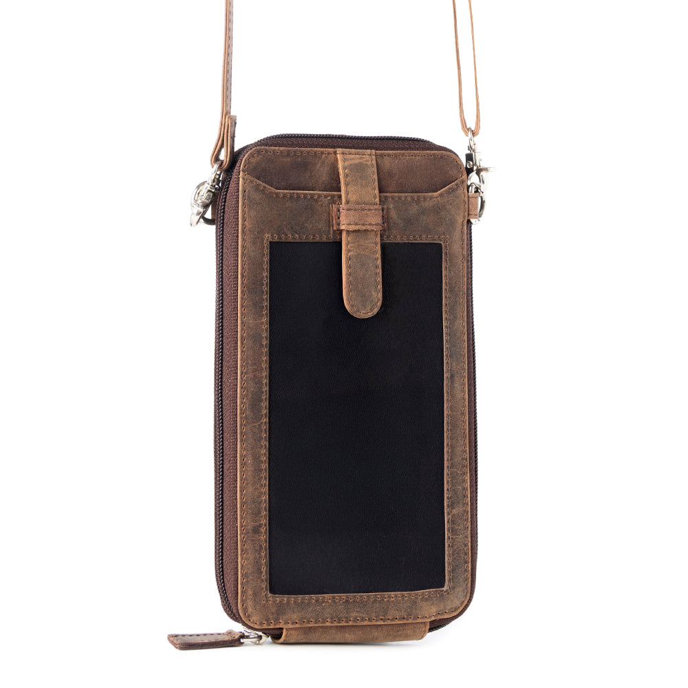 Myra Wildtouch Western Phone Crossbody in dark brown with leather detail Myra USA