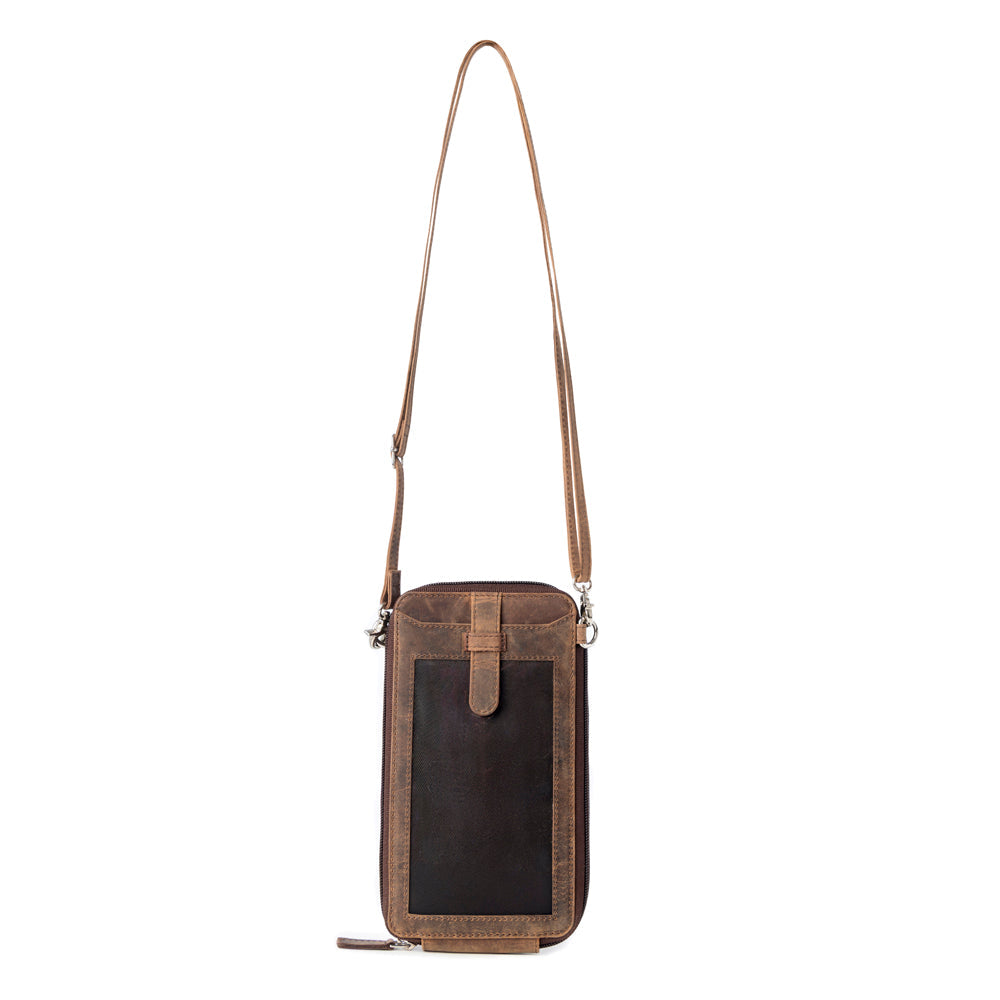 Myra Wildtouch Western Phone Crossbody in dark brown with leather detail Myra USA