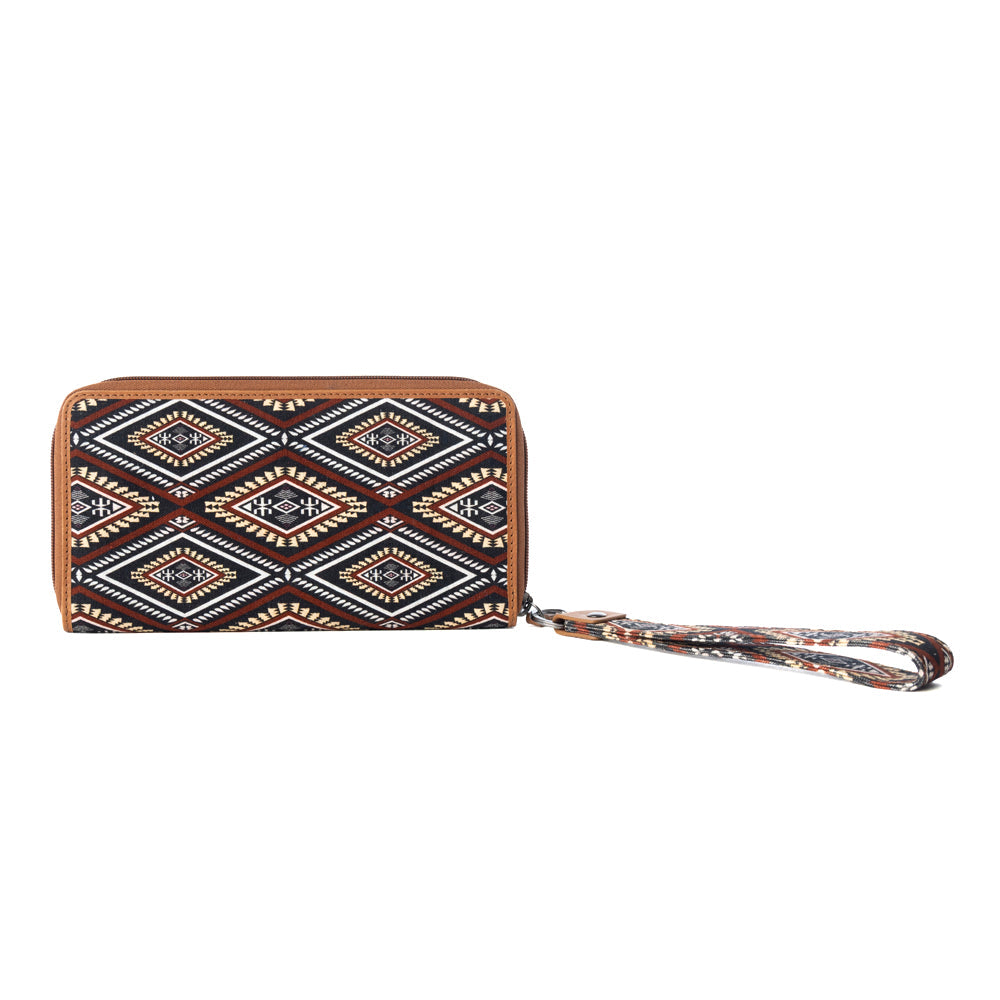 Myra Kilim Trail Western Wallet for Women in Mocha with leather detail and RFID protection Myra USA