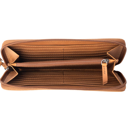 Myra Kilim Trail Western Wallet for Women in Mocha with leather detail and RFID protection Myra USA