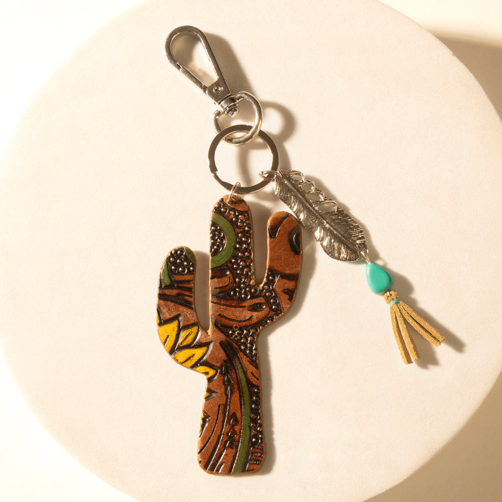 Myra Desert Dune Handtooled Leather Key Fob in Olive Tan Myra USA