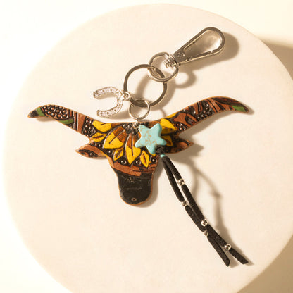 Myra Nightfall Cove Bull Handtooled Leather Key Fob in Onyx Turquoise Myra USA