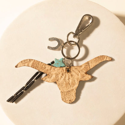 Myra Nightfall Cove Bull Handtooled Leather Key Fob in Onyx Turquoise Myra USA