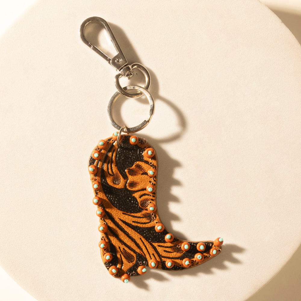 Myra Copper Bay Boot Handtooled Leather Key Fob in Rust Orange Myra USA