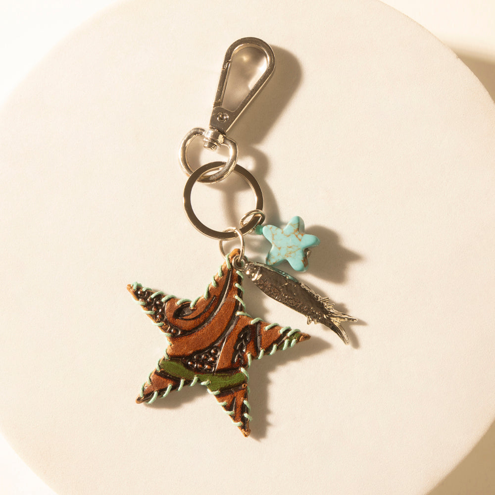 Myra Moonlight Bay Star Handtooled Leather Key Fob in Amber Turquoise Myra USA