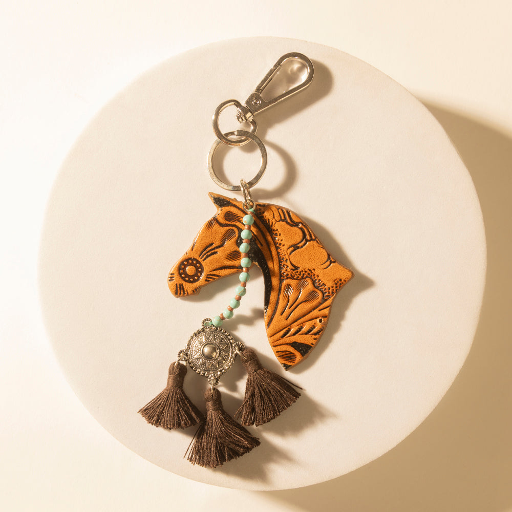 Myra Summer Cove Horse Handtooled Leather Key Fob in Caramel Tan Myra USA
