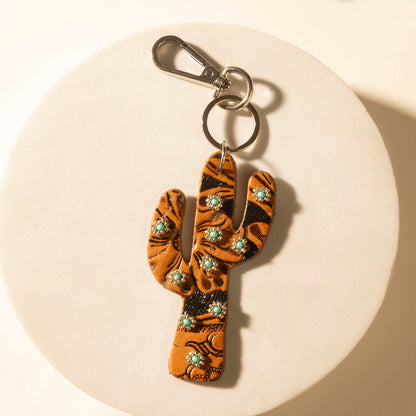 Myra Cactus Prairie Handtooled Leather Key Fob in Canyon Teal Myra USA