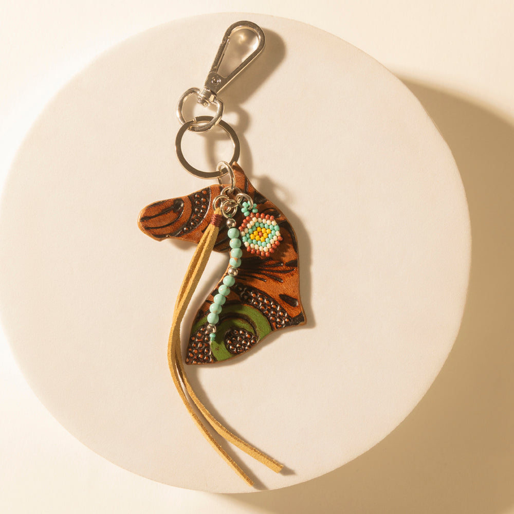 Myra Western Star Horse Handtooled Leather Key Fob in Amber Turquoise Myra USA
