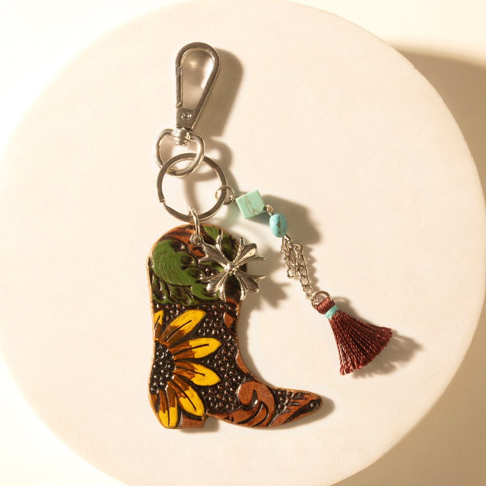 Myra Southern Bloom Boot Handtooled Leather Key Fob in Amber Aqua Myra USA