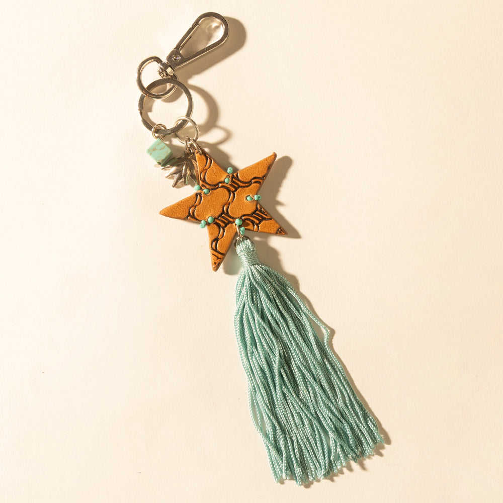 Myra Western Sky Beaded Fringe Handtooled Leather Key Fob in Ocean Blue Myra USA